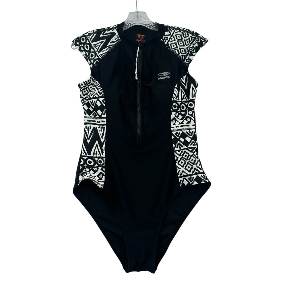 Axesea Women 10 Black White Tribal Print Half Zip Rash Guard One Piece Swimsuit